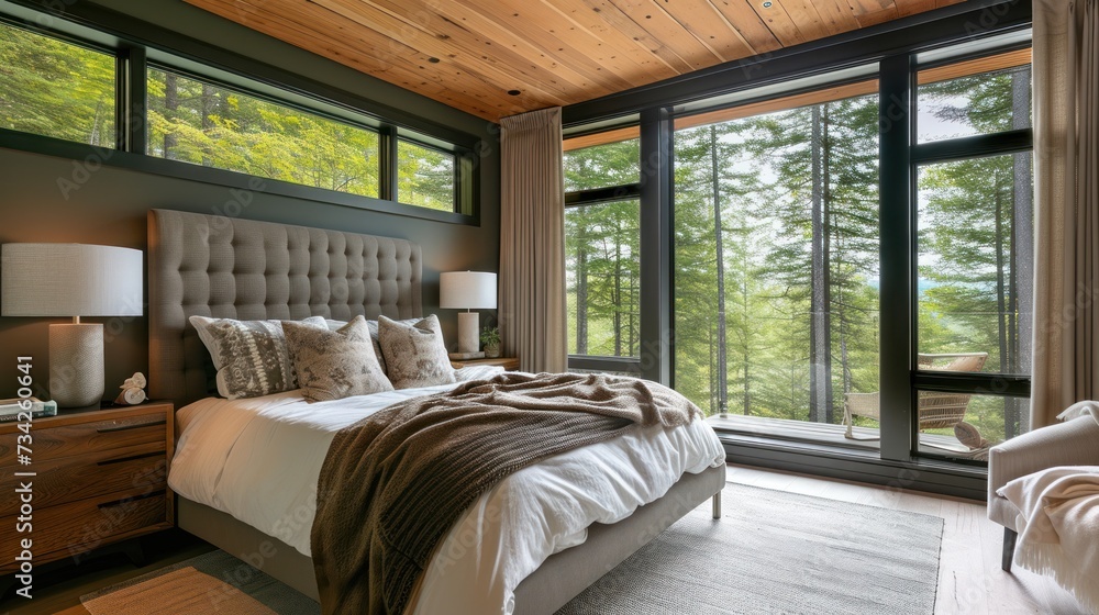 Poster a large bed in a bedroom next to a large window with a view of a forest outside the window and a cha