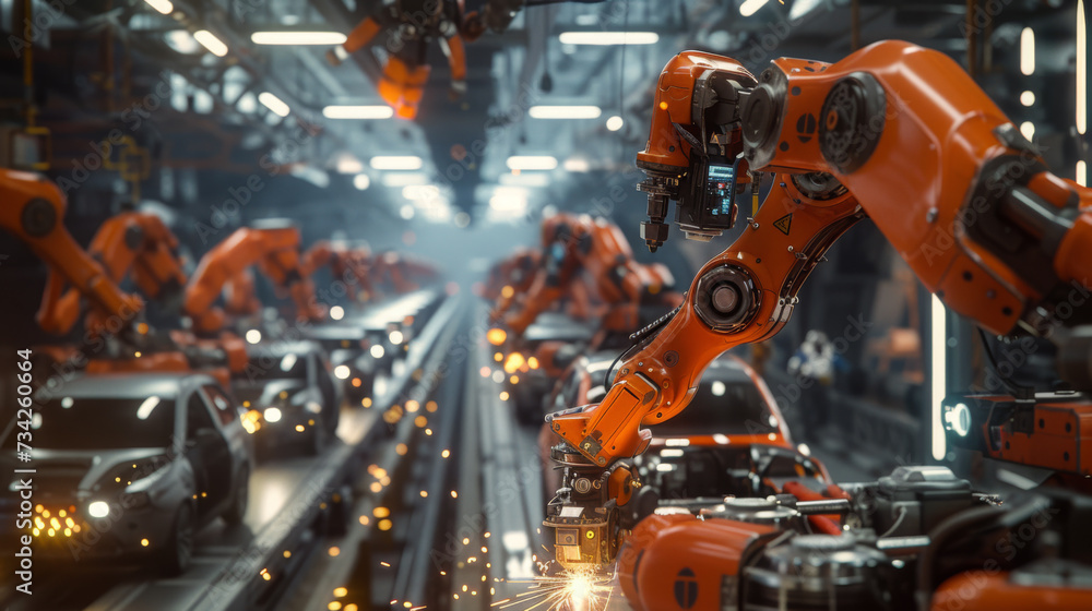 Poster car assembly line with multiple robotic arms actively welding and assembling a car in a modern autom