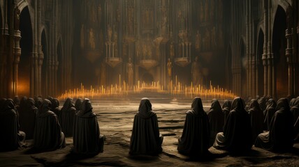 Monks praying in a cathedral created with Generative AI