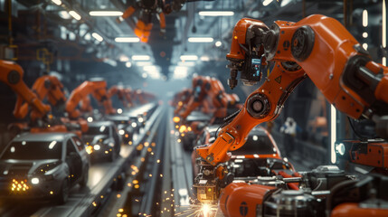Fototapeta premium car assembly line with multiple robotic arms actively welding and assembling a car in a modern automobile factory.