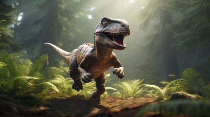 Cute baby dinosaur in prehistoric forest. Photorealistic.