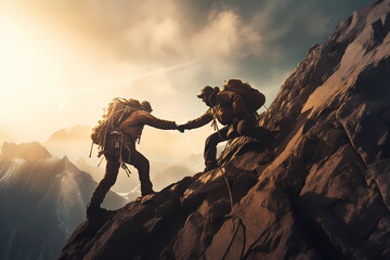 hiker helps his friend climb the mountain - obrazy, fototapety, plakaty
