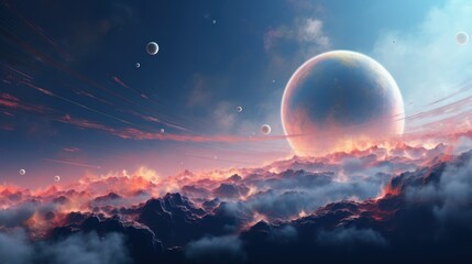 Fototapeta na wymiar Alien land landscape with giant planet and mountains. Fantasy wall paper.