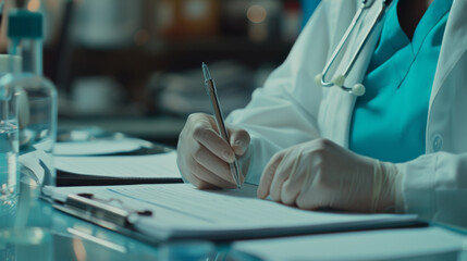 A healthcare professional is writing on a medical chart with a stethoscope draped around their...