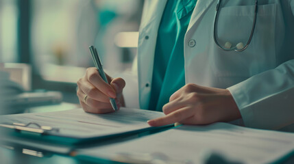 A healthcare professional is writing on a medical chart with a stethoscope draped around their...