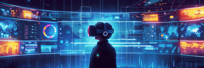 A futuristic center to help customers with virtual reality, a person in a virtual headset looks at a database, banner
