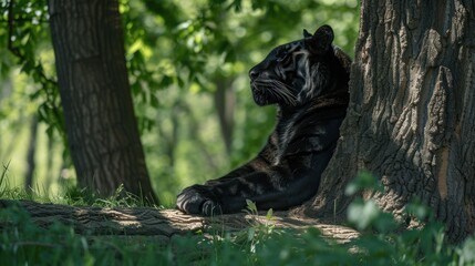 Fototapeta premium a black tiger standing on its hind legs next to a tree with its head on the trunk of a tree.