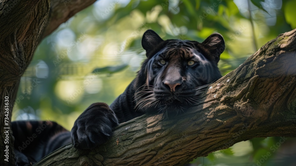 Poster a close up of a black tiger on a tree branch with its paw on the branch of a large tree.