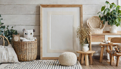 Mock Up empty Wall with wooden frame In farmhouse Interior Background in baby room with poster frame, nursery mockup, Scandinavian Style