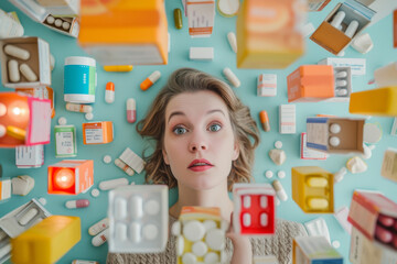 Portrait d'une jeune femme hypocondriaque au milieu de plein de boites de médicaments
