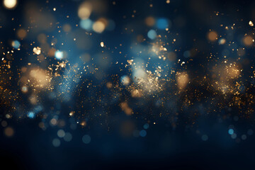 golden abstract background with glittering gold dust particles and glittering lights and bokeh effect, blue background - obrazy, fototapety, plakaty