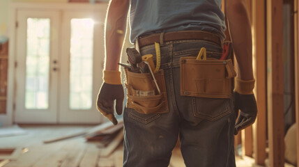 A close-up of a construction worker with a tool belt filled with various tools, standing in a room undergoing renovation.