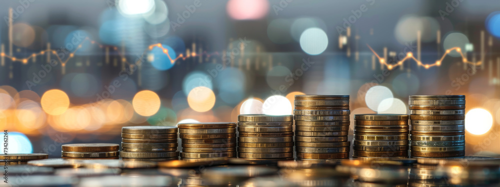 Poster stacked coins in various denominations with a digital stock market display in the background, all se