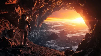 Fotobehang An lonely astronaut explore alien land landscape with giant planet and mountains. Fantasy wall paper. © Joyce