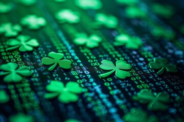 Green shamrocks amidst digital binary code. St. Patricks Day and information technology concept