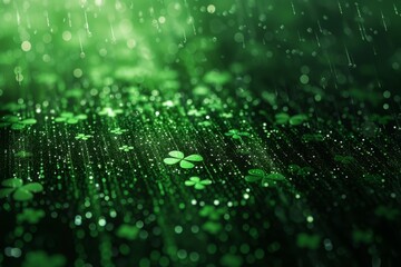 St. Patrick's Day themed digital matrix rain, streams of green code create a backdrop of falling shamrocks