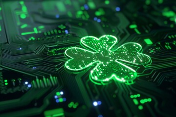 A sparkling green digital shamrock integrated into a dark electronic circuit board. St. Patricks Day and information technology concept