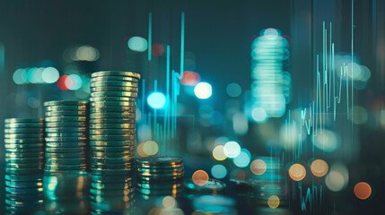Stacked coins in various denominations with a digital stock market display in the background, all set against a bokeh of city lights, illustrating concepts of finance and investment. - obrazy, fototapety, plakaty