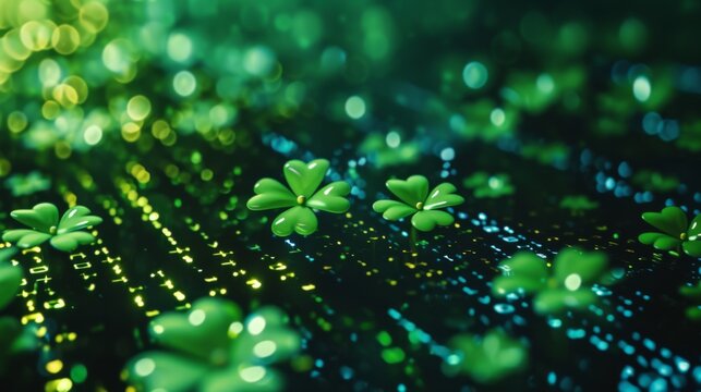 Vivid green shamrocks scattered across a dynamic binary code stream with a soft bokeh light effect