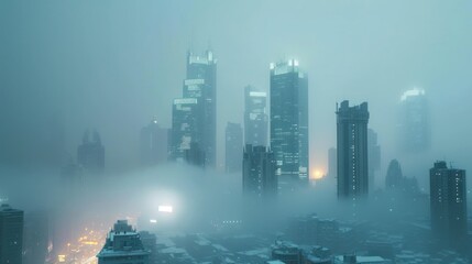 Cold winter with heavy snow of a futuristic city with modern skyscraper buildings.