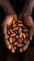 Farmer holds fresh cocoa beans for organic chocolate production