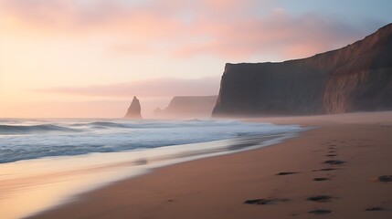 a serene coastal scene at dawn, with waves gently washing ashore against a backdrop of towering cliffs and a sky painted in soft pastel colors.