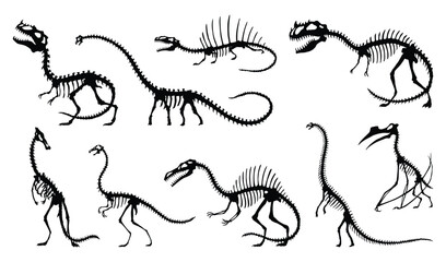 Dinosaur skeleton set. Dino monsters icons. Shape of real animals. Sketch of prehistoric reptiles. Vector illustration isolated on white. Hand drawn sketches