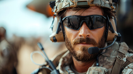 Determined soldier with tactical headset, ready for operation - obrazy, fototapety, plakaty