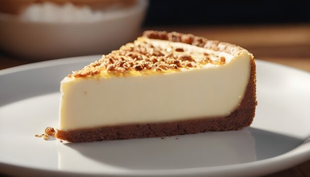 Cheescake slice on a kitchen wwoden table