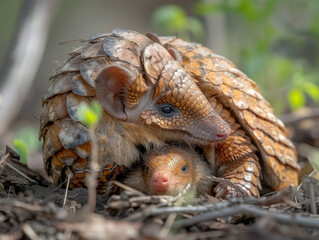 A mother pangolin shielding her baby with tender care.