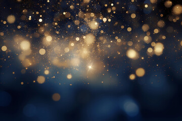 Golden abstract background with glittering gold dust particles and glittering lights and bokeh effect, blue background - obrazy, fototapety, plakaty