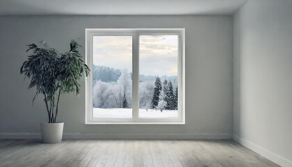 Mock up of empty room in white color with winter and summer landscape in window. Scandinavian interior design.
