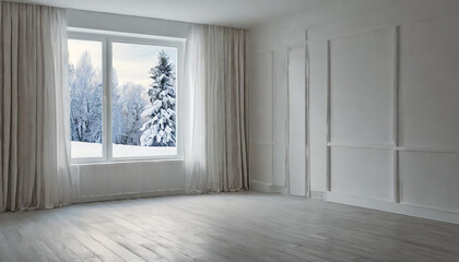Fototapeta na wymiar Mock up of empty room in white color with winter and summer landscape in window. Scandinavian interior design.