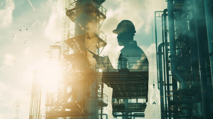 silhouette of a worker wearing a hard hat in the foreground, superimposed on a detailed industrial background