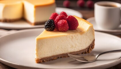 Cheescake slice with berries on a kitchen table, cup of coffe in the background