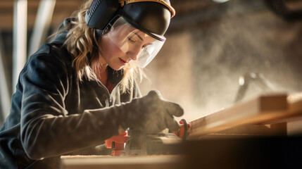 Woman wearing safety goggles and ear protection is working on piece of wood. She appears to be focused on her task as she cuts or shapes wood with saw. - obrazy, fototapety, plakaty