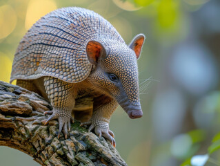 Armadillo crawling over a fallen tree