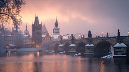 Fototapeta na wymiar Charles bridghe with beautiful historical buildings at sunrise in winter in Prague city in Czech Republic in Europe.