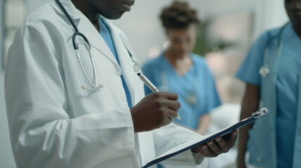 A healthcare professional using a digital tablet in a hospital corridor.