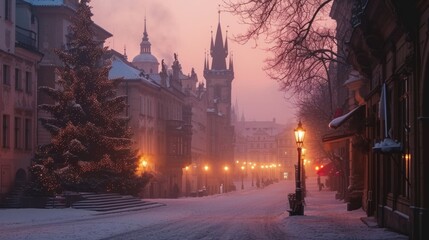 Holiday decoration in street with beautiful historical buildings in winter with snow and fog in Prague city in Czech Republic in Europe.