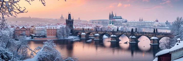 Papier Peint photo Pont Charles Charles bridghe with beautiful historical buildings at sunrise in winter in Prague city in Czech Republic in Europe.