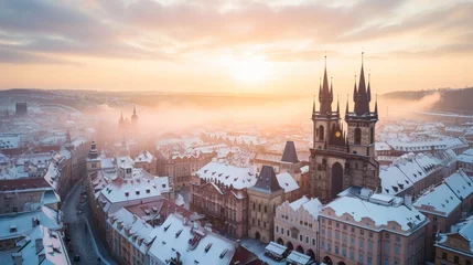 Photo sur Plexiglas Matin avec brouillard Beautiful historical buildings in winter with snow and fog in Prague city in Czech Republic in Europe.