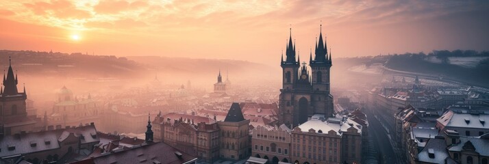 Beautiful historical buildings in winter with snow and fog in Prague city in Czech Republic in Europe. - obrazy, fototapety, plakaty
