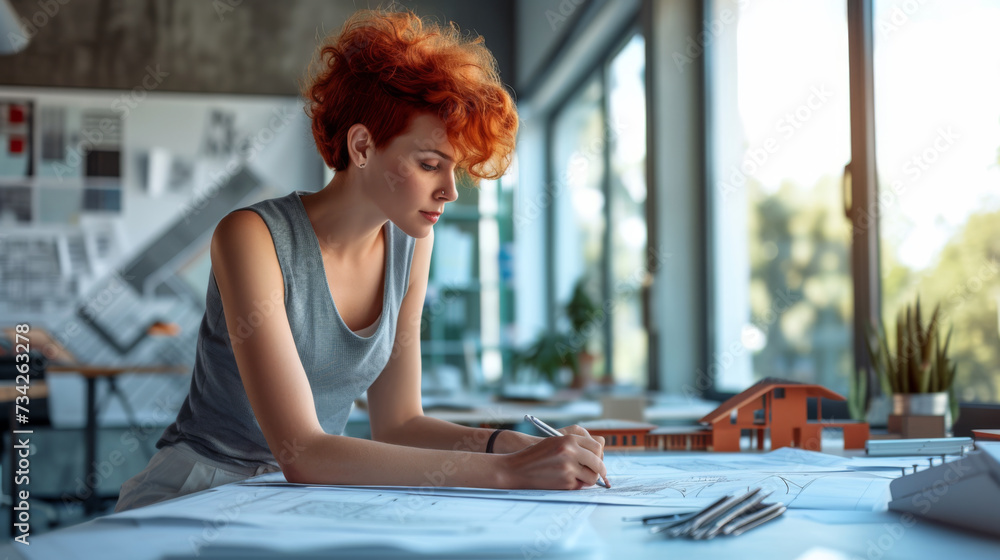 Poster focused woman with short red hair is working on architectural drawings at a drafting table with sket