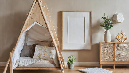 Mock up poster frame in children room with natural wooden furniture on beige background, 3d render