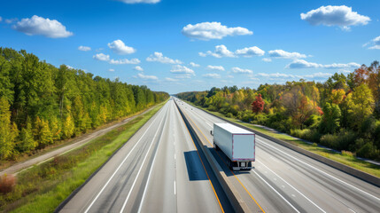 semi-truck is driving on a highway with motion blur, indicating speed, during a sunny autumn day with colorful trees on the side of the road.