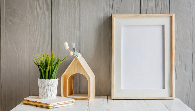 Mock up poster frame in children room with natural wooden furniture on beige background, 3d render