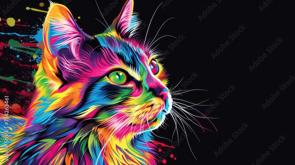 Poster a multicolored cat's face on a black background with a splash of paint on the left side of the cat's
