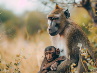 A mother baboon tenderly holds her baby in a loving embrace.
