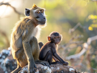 Baboon mother and its baby sit next to each other in wild nature